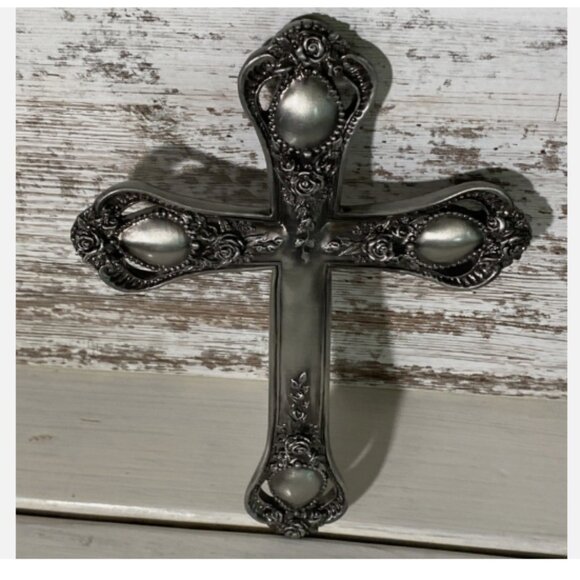 Pewter Christian Rose Cross Hangable Vintage 2002 9.5”x6.5” - Picture 8 of 8